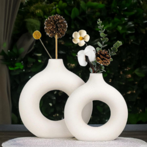 Donut Ceramic Flower Vases for Home & Office Decor | Living Room Centrepiece & Showpiece | House Warming Gift (Set of 2, 8.6x2.3 Inches)