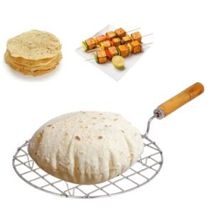 Stainless Steel Jali Roaster, Paneer Grill, Barbeque Round Jali Roaster, Chapati Toast Grill Net Wooden Handle Papad Roaster Jali Vegetable tandoor