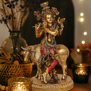 Premium Gold-Finish Lord Krishna with Cow (Gau Mata) Decorative Idol