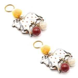 Wooden Kamdhenu Cow Keyring with Sacred Roli-Chawal Glass Vials (Pack of 2) Perfect for Rakhi-Raksha Bandhan, Bhai Dooj, Navratri & Diwali