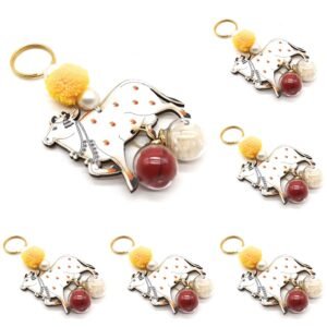 Wooden Kamdhenu Cow Keyring with Sacred Roli-Chawal Glass Vials Pack of 6 Perfect for Rakhi-Raksha Bandhan, Bhai Dooj, Navratri & Diwali