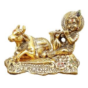 Kamdhenu Cow with Krishna Decorative Showpiece for Home Decor Gold Oxidized Metal Kamdhenu with Krishna